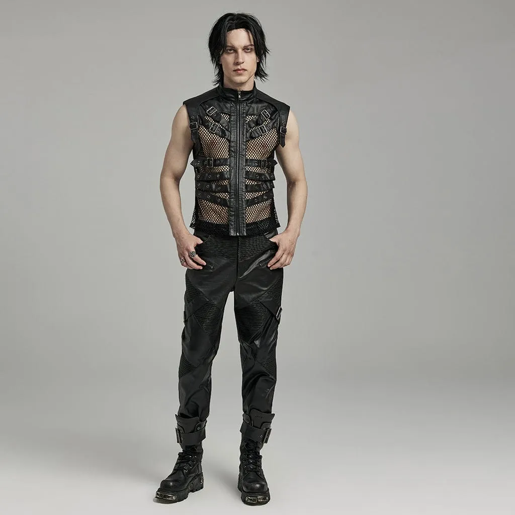 Herren Punk Rock Mesh-Vest mit Mehrfachverschlüssen und Kunstleder-Applikationen