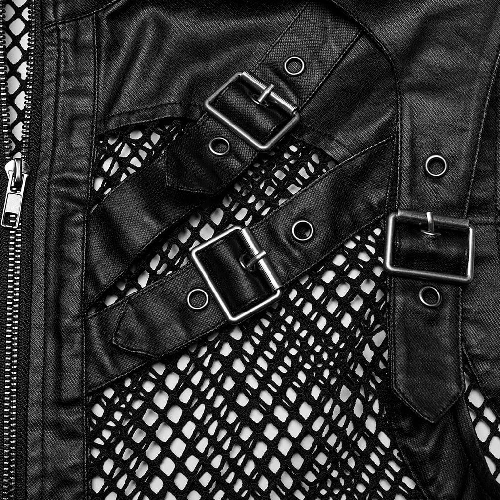 Herren Punk Rock Mesh-Vest mit Mehrfachverschlüssen und Kunstleder-Applikationen
