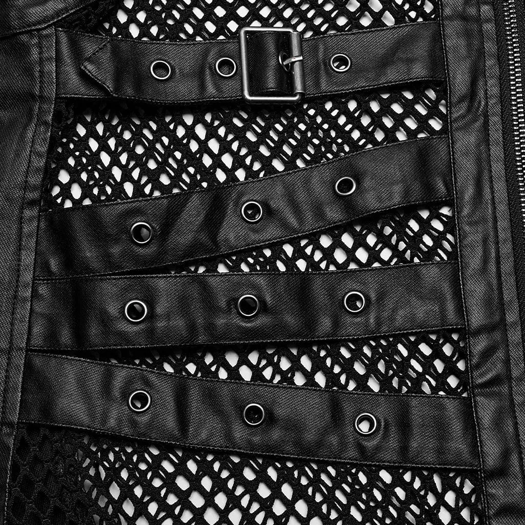 Herren Punk Rock Mesh-Vest mit Mehrfachverschlüssen und Kunstleder-Applikationen