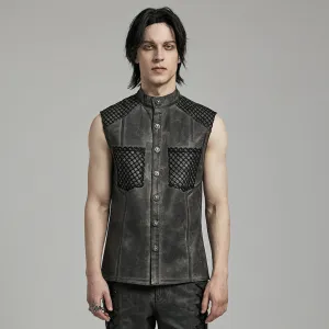 Herren Punk Rock Stehkragen Mesh-Splice Weste in Schwarz-Grau
