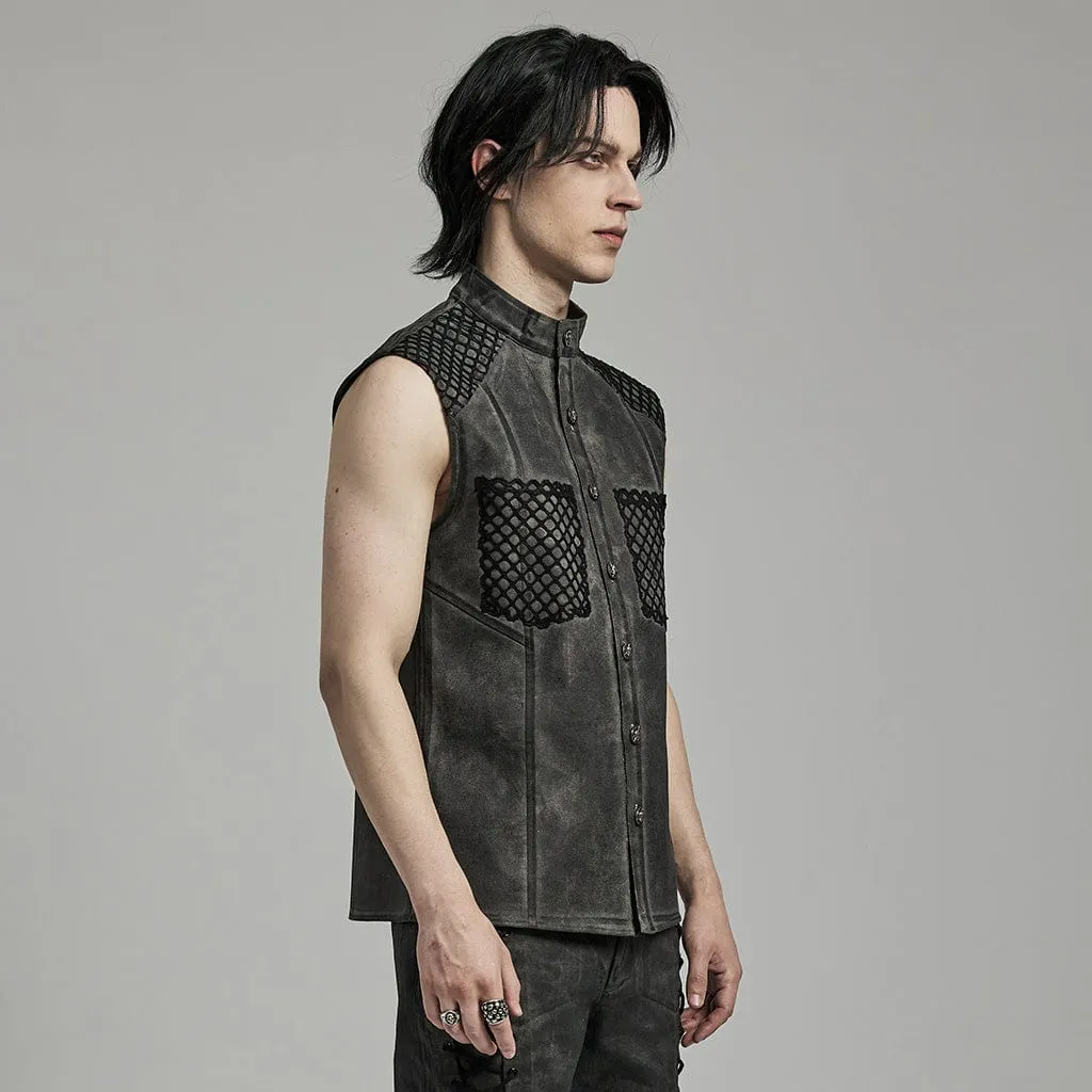 Herren Punk Rock Stehkragen Mesh-Splice Weste in Schwarz-Grau