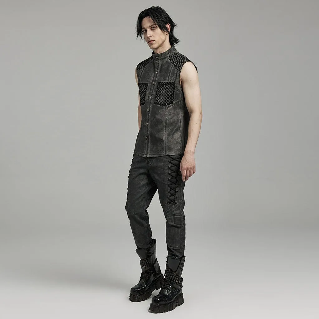 Herren Punk Rock Stehkragen Mesh-Splice Weste in Schwarz-Grau