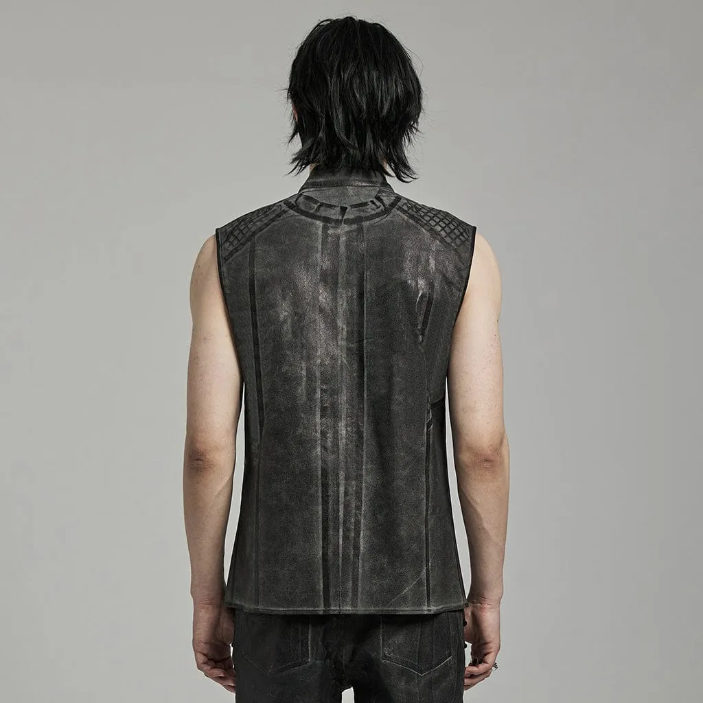 Herren Punk Rock Stehkragen Mesh-Splice Weste in Schwarz-Grau