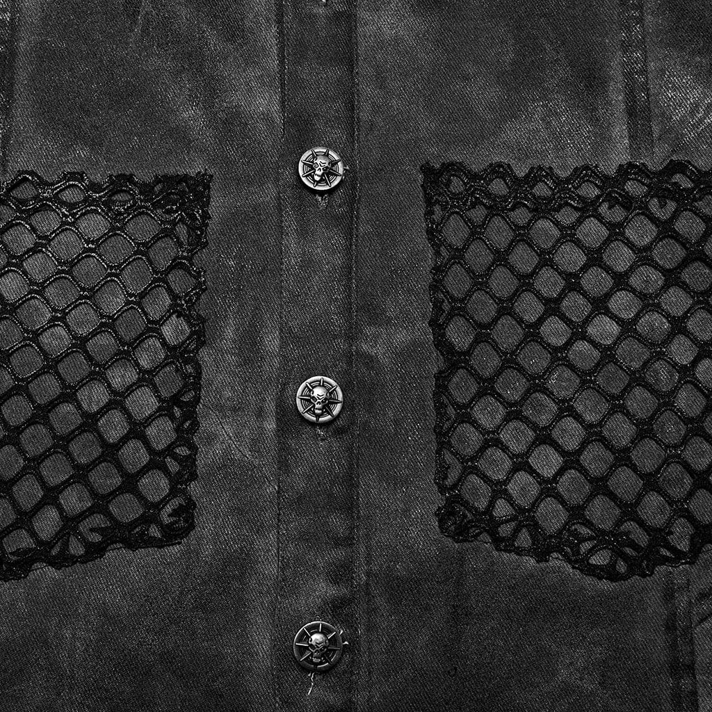 Herren Punk Rock Stehkragen Mesh-Splice Weste in Schwarz-Grau
