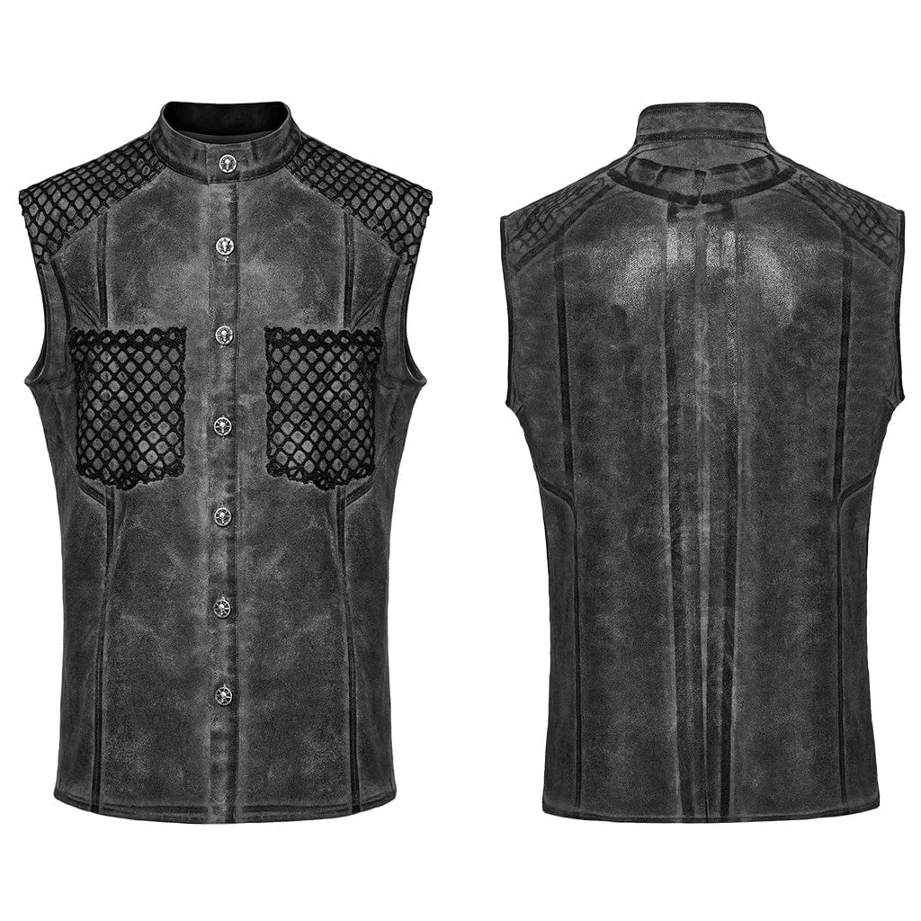 Herren Punk Rock Stehkragen Mesh-Splice Weste in Schwarz-Grau