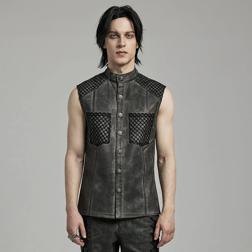 Herren Punk Rock Stehkragen Mesh-Splice Weste in Schwarz-Grau