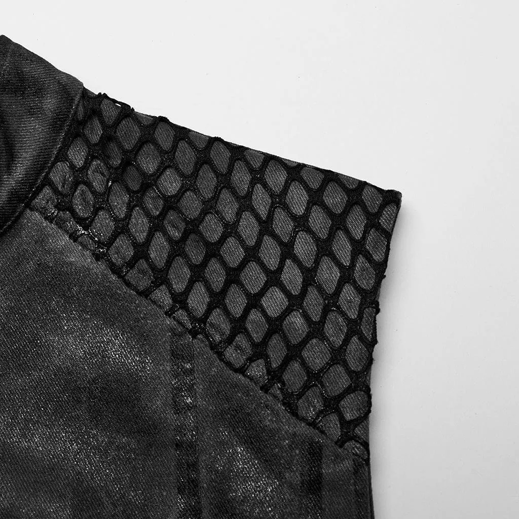 Herren Punk Rock Stehkragen Mesh-Splice Weste in Schwarz-Grau