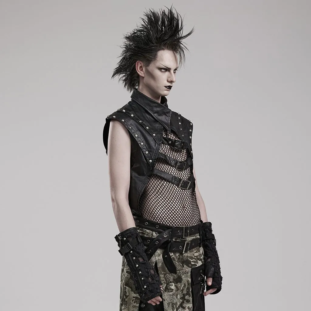 Herren Punk Splice Mesh Kunstleder Weste
