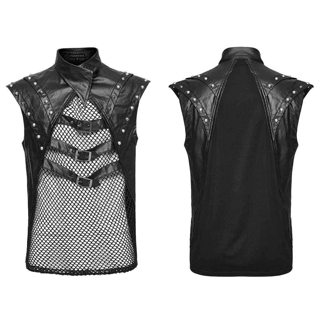 Herren Punk Splice Mesh Kunstleder Weste
