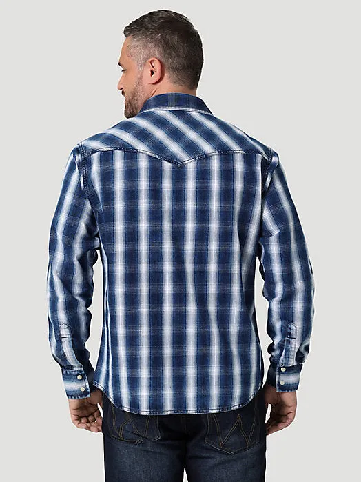 Herren Wrangler Retro Premium Langarm Western-Snap-Karohemd in Indigo Wrangler Kleidung