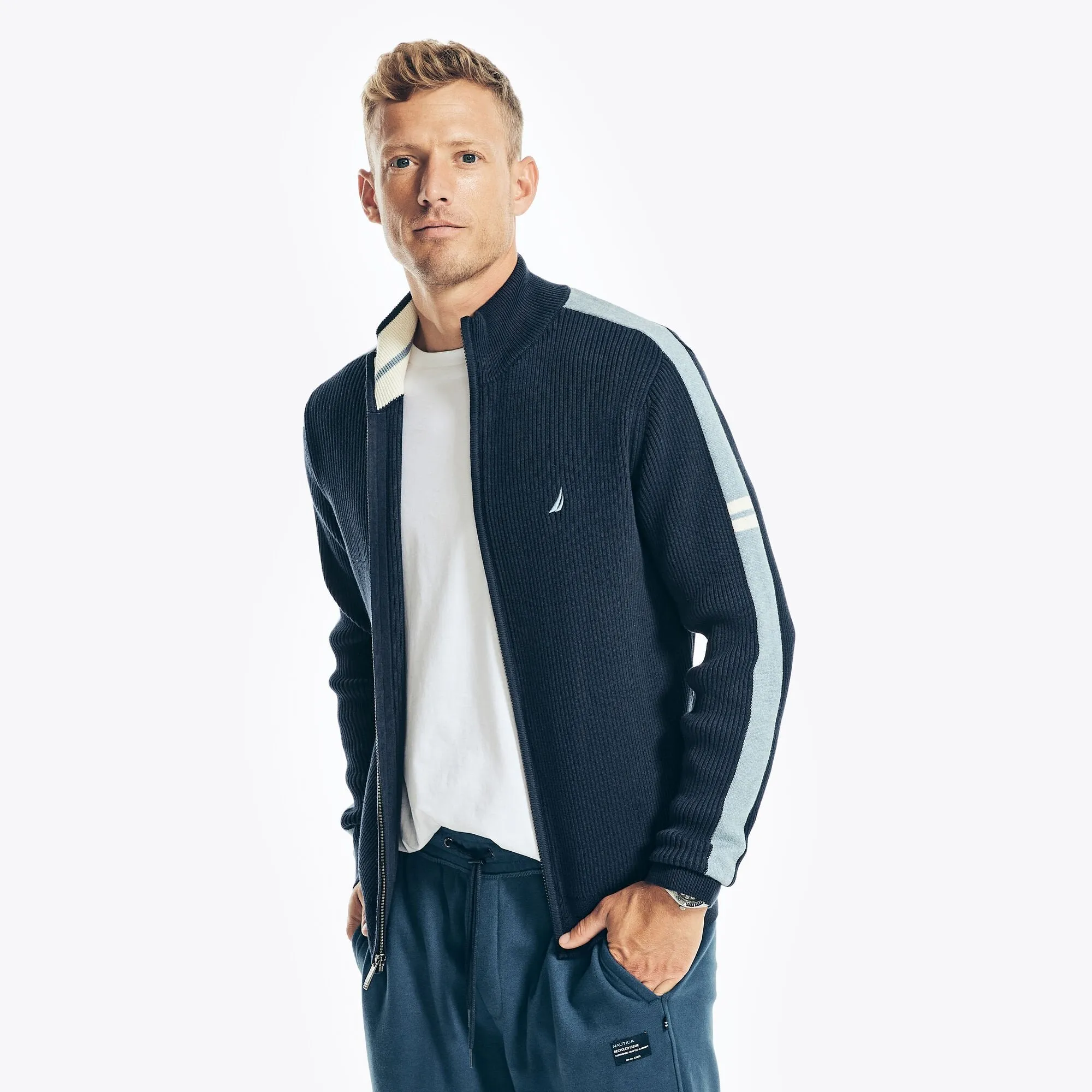 Nautica Herren Big & Tall Full-Zip Streifen-Mockneck-Pullover Marineblau Nautica