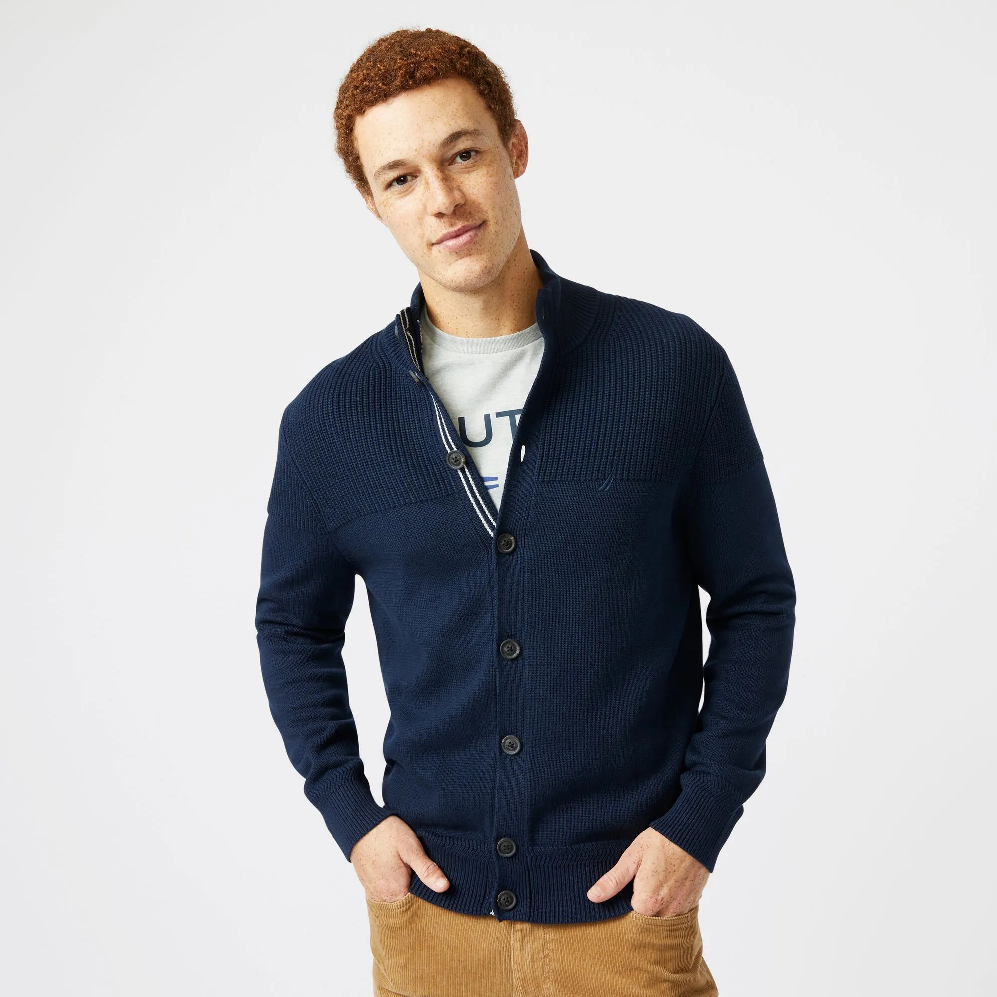 Nautica Herren Cardigan mit Strukturierten Knöpfen in Navy für Große & Hohe