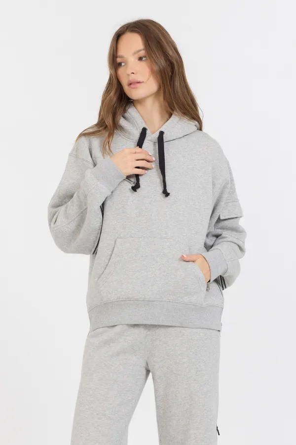 Rein grauer Kontrast Reißverschluss Hoodie mit schwarzem Reißverschluss