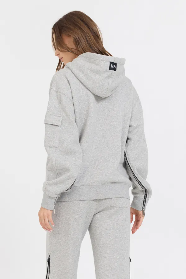 Rein grauer Kontrast Reißverschluss Hoodie mit schwarzem Reißverschluss