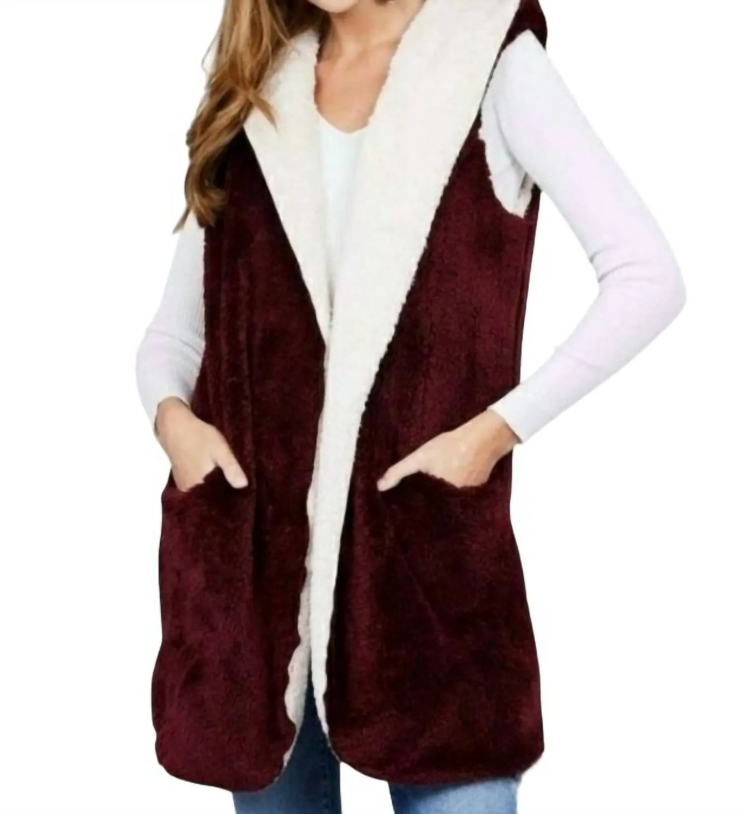 Reversibler Pelzmantel in Weinrot und Creme