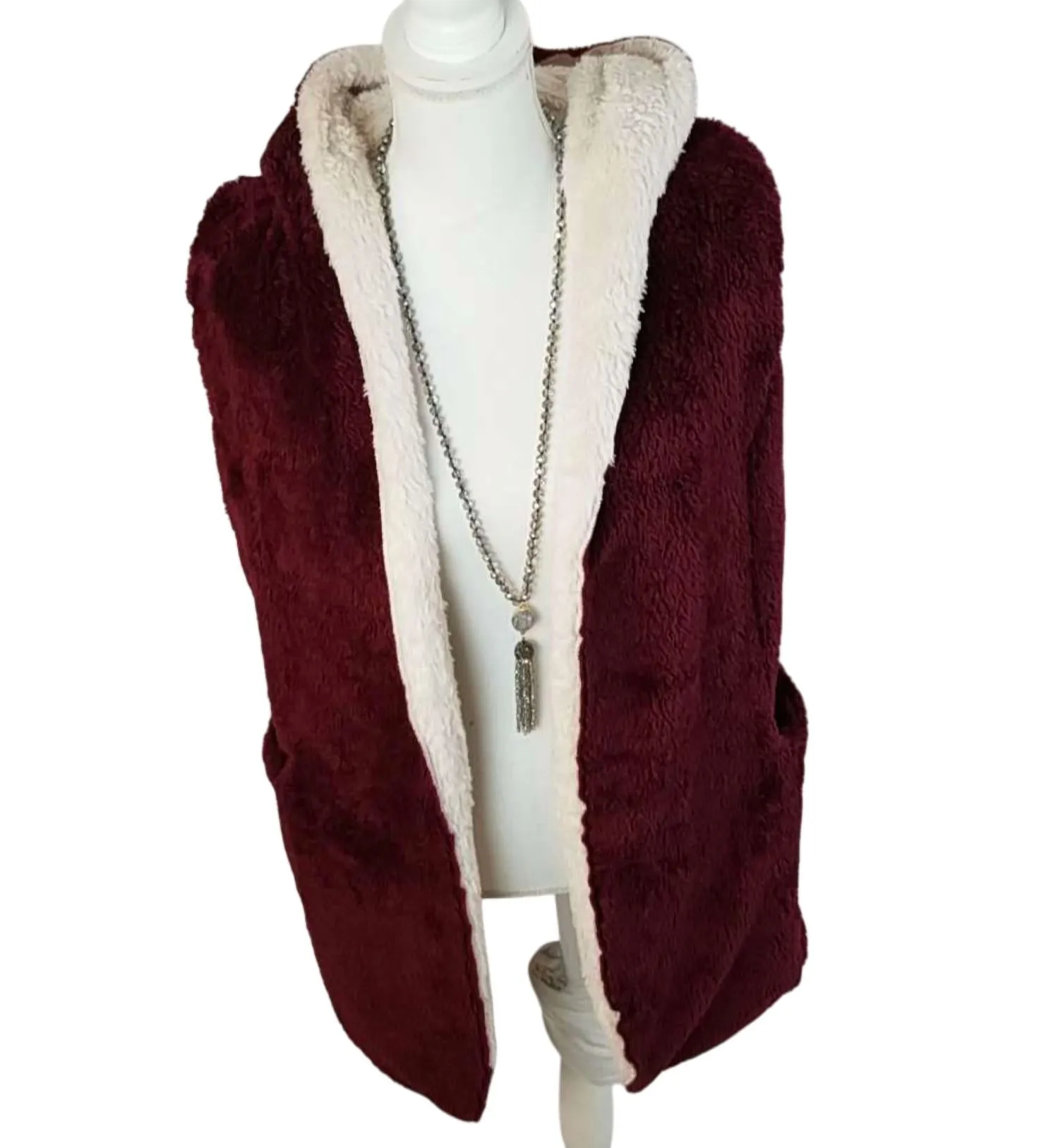 Reversibler Pelzmantel in Weinrot und Creme