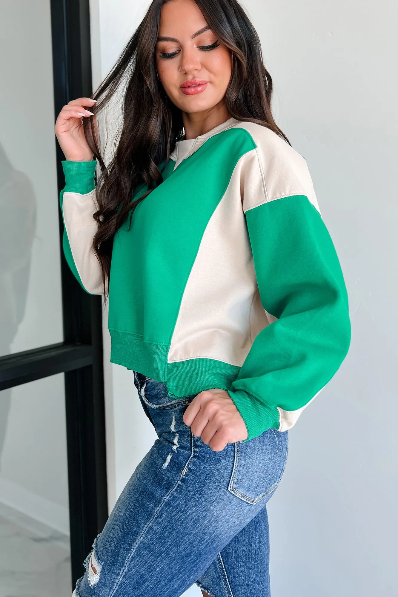 Lächeln Mehr Colorblock Sweatshirt (Grün/Beige)