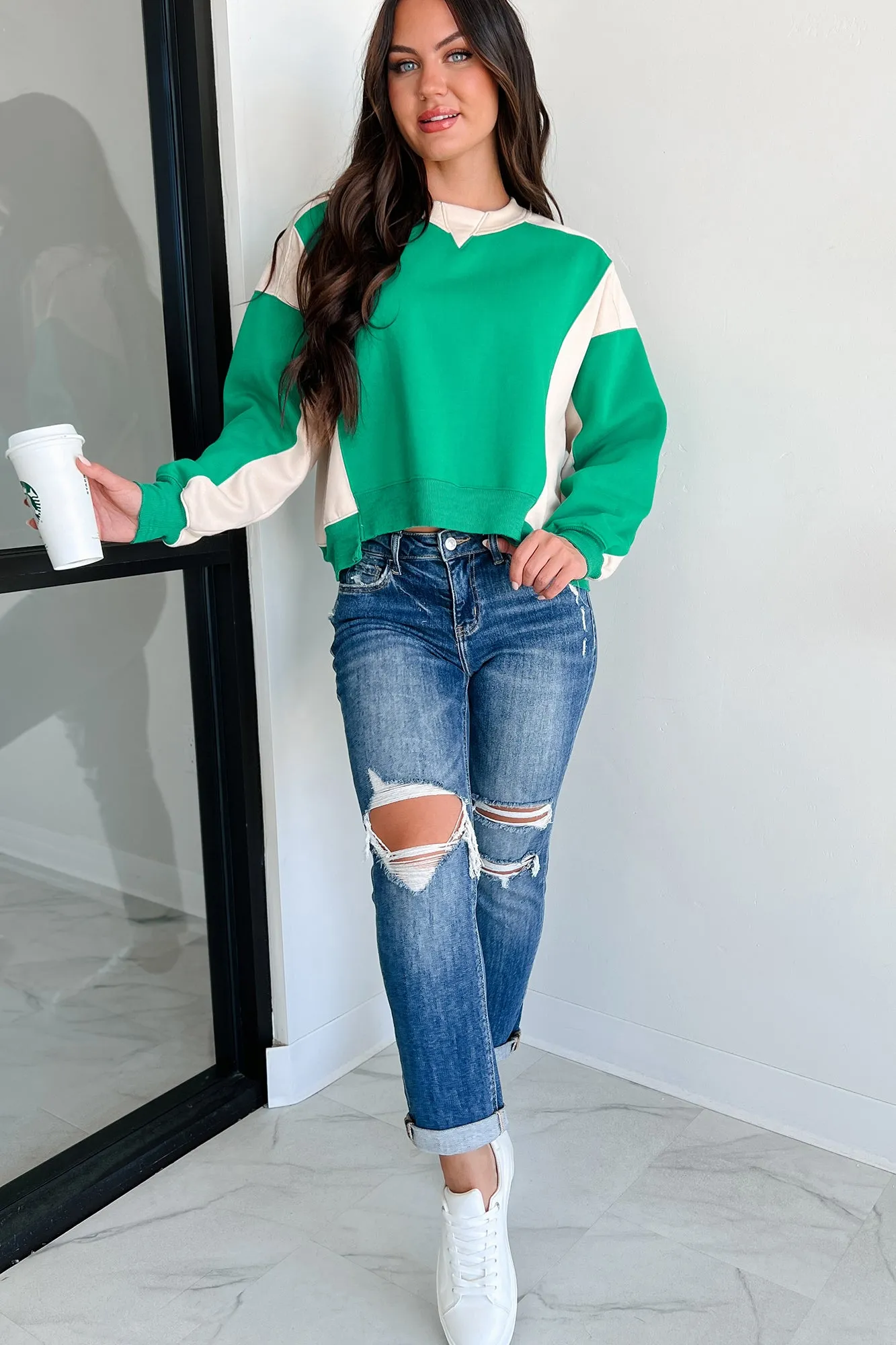 Lächeln Mehr Colorblock Sweatshirt (Grün/Beige)