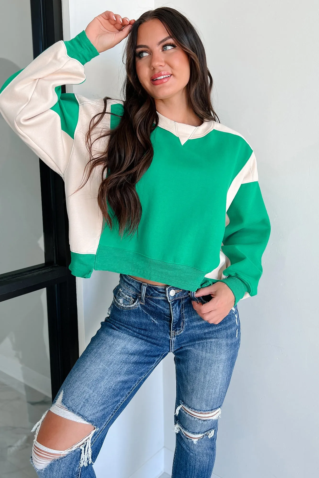 Lächeln Mehr Colorblock Sweatshirt (Grün/Beige)