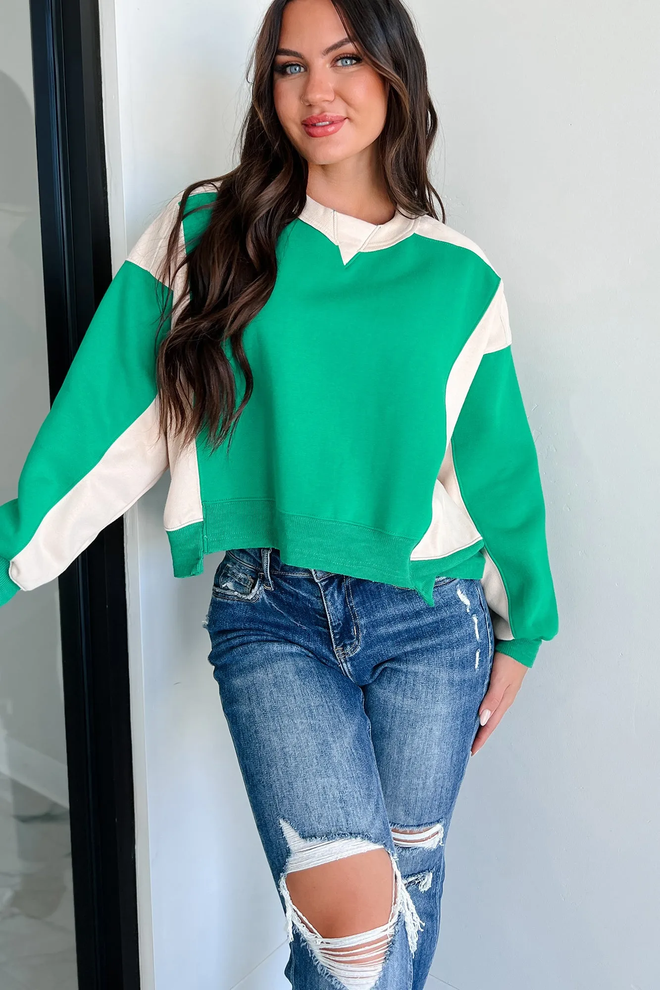 Lächeln Mehr Colorblock Sweatshirt (Grün/Beige)