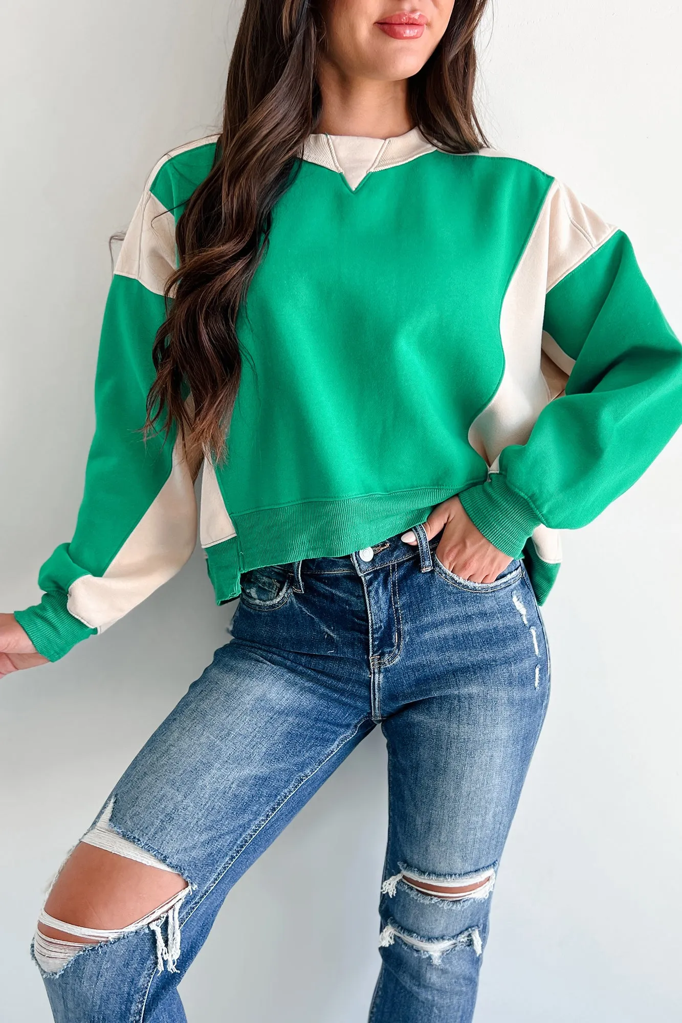 Lächeln Mehr Colorblock Sweatshirt (Grün/Beige)