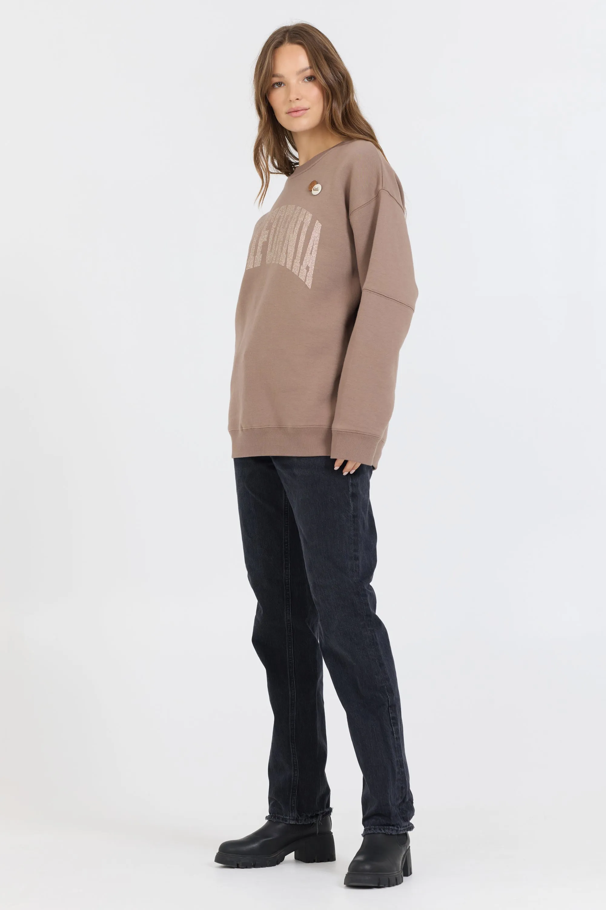 Taupe mit Roségold-Gewebe gefärbter Fleece-Pullover mit Glitzerdruck
