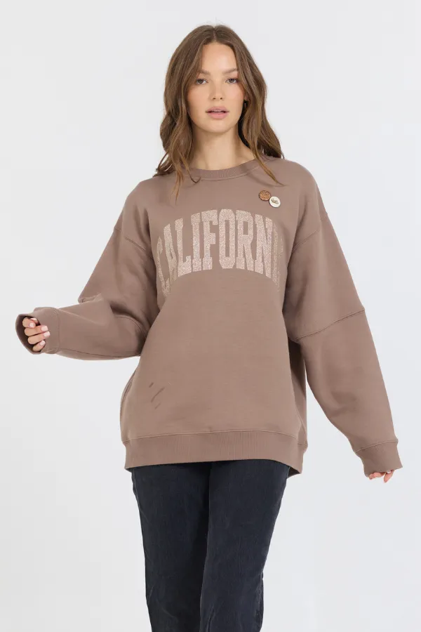 Taupe mit Roségold-Gewebe gefärbter Fleece-Pullover mit Glitzerdruck