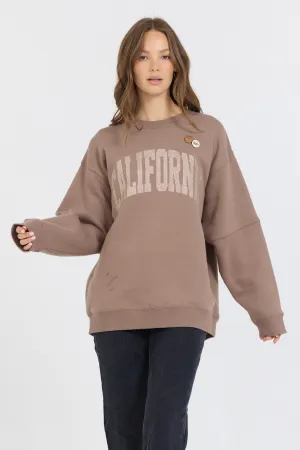 Taupe mit Roségold-Gewebe gefärbter Fleece-Pullover mit Glitzerdruck