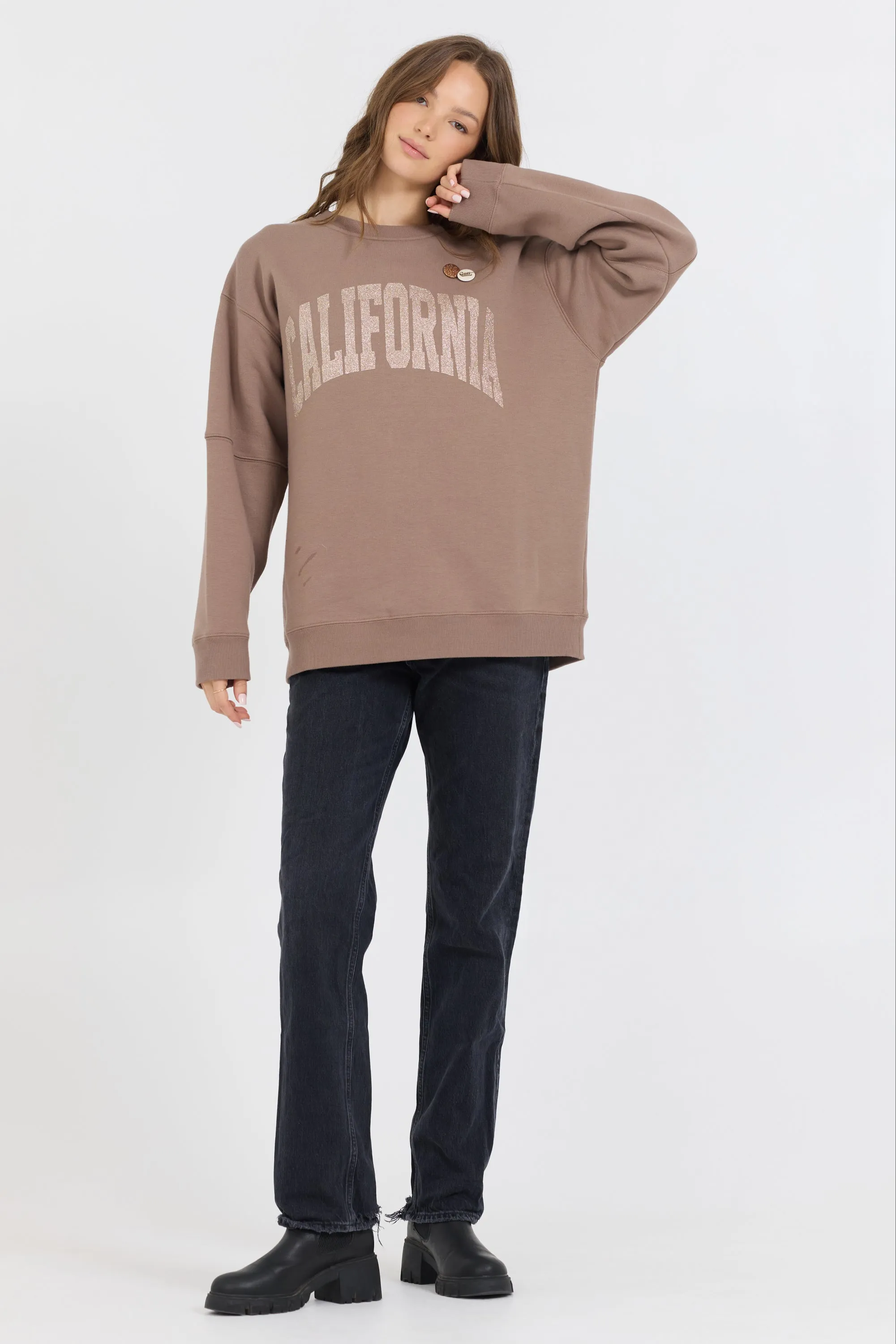 Taupe mit Roségold-Gewebe gefärbter Fleece-Pullover mit Glitzerdruck