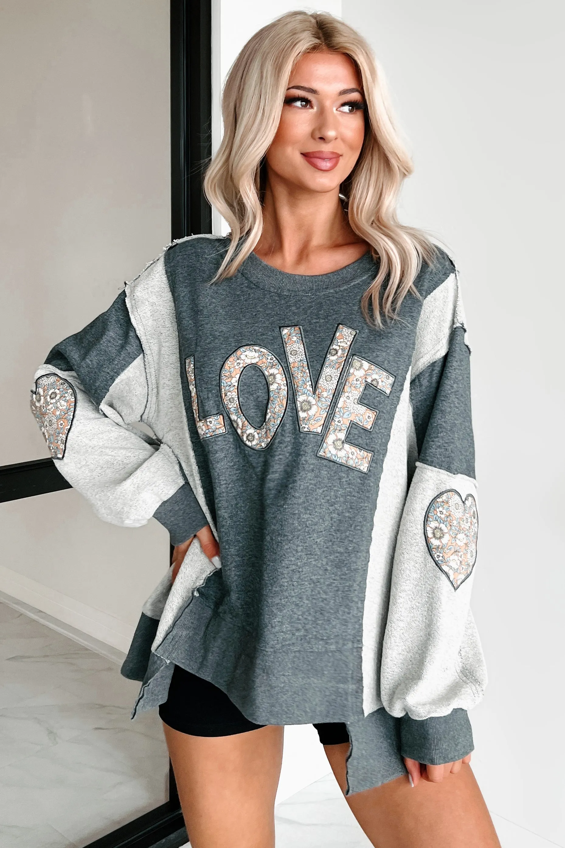 Those Are My Feelings Übergroßes Patchwork Top (Heather Grau)
