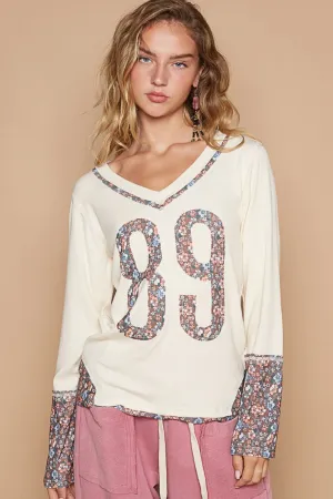 V-Ausschnitt Langarm Blumenmuster Patch T-Shirt