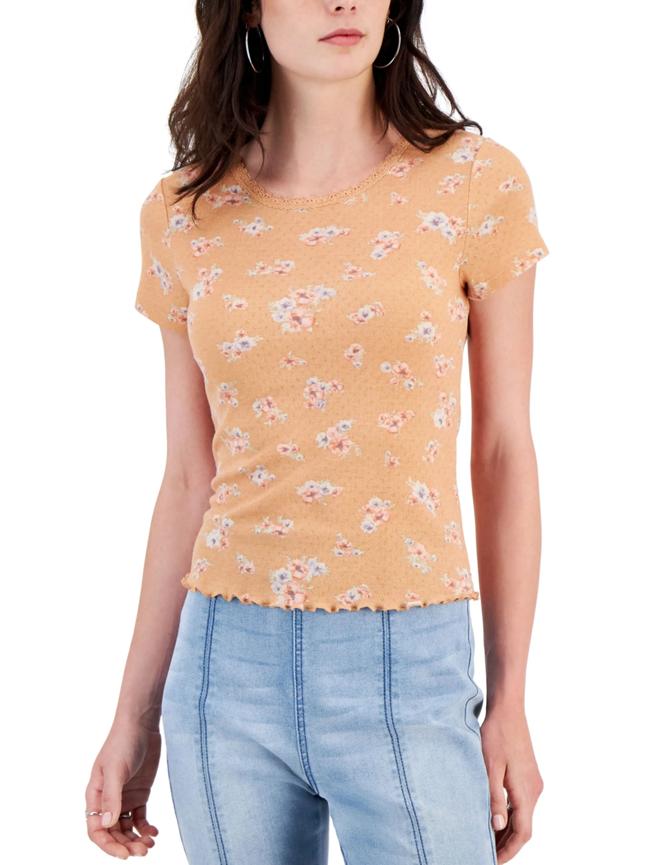 Damen T-Shirt mit Blumenprint, Pfirsich